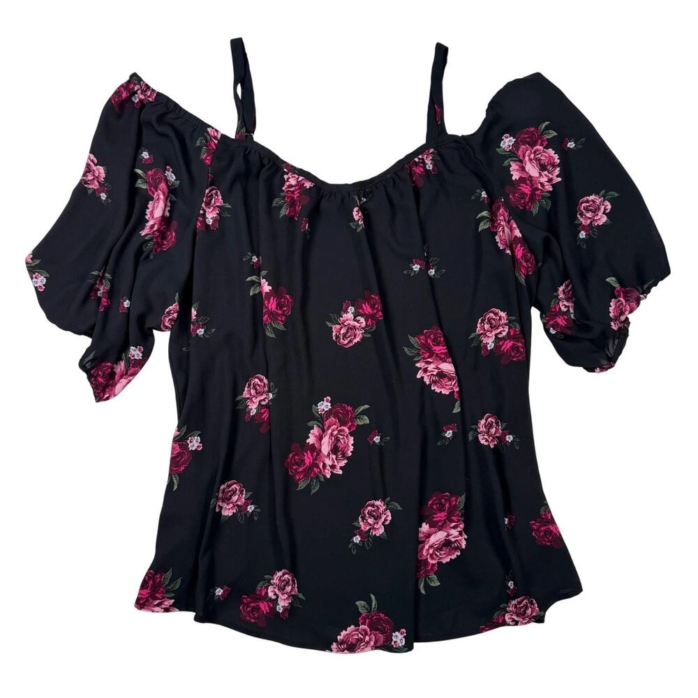 Torrid Floral Cold Shoulder Blouse Womens 5 (28) Black Pink Sheer Chiffon Top
